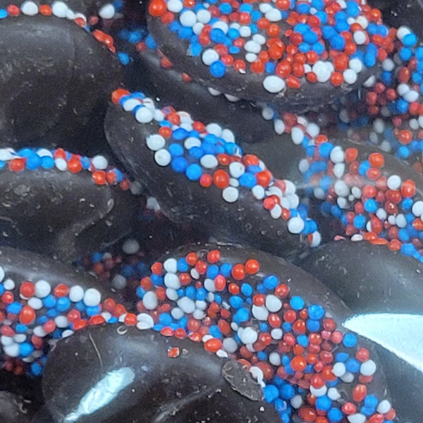 Dark Chocolate Red, White & Blue Nonpareils – 8 oz Bag