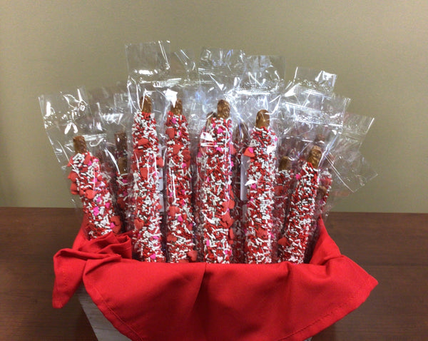 Valentine's day Pretzel rod with Red & White Jimmies and hearts