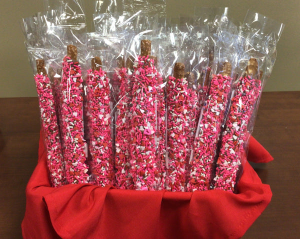 Valentine's Day Pretzel rod - Pink Hearts with Red, Silver & White Jimmies